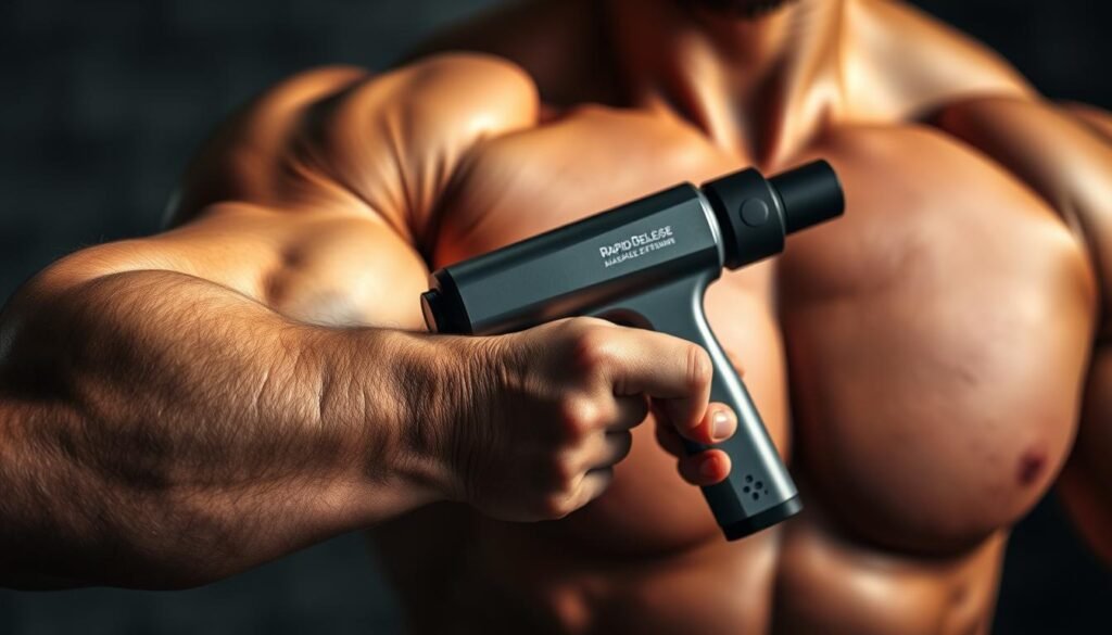 A muscular arm in the foreground, prominently displaying defined biceps and triceps, conveying the results of a personal muscle recovery regimen. The skin has a healthy, glowing appearance, and the lighting casts dramatic shadows, highlighting the contours of the muscles. In the middle ground, a Rapid Release massage gun is being held against the arm, showcasing the device's functionality. The background is blurred, creating a sense of focus on the arm and the massage gun. The overall mood is one of accomplishment, health, and the positive effects of the massage gun on muscle recovery.