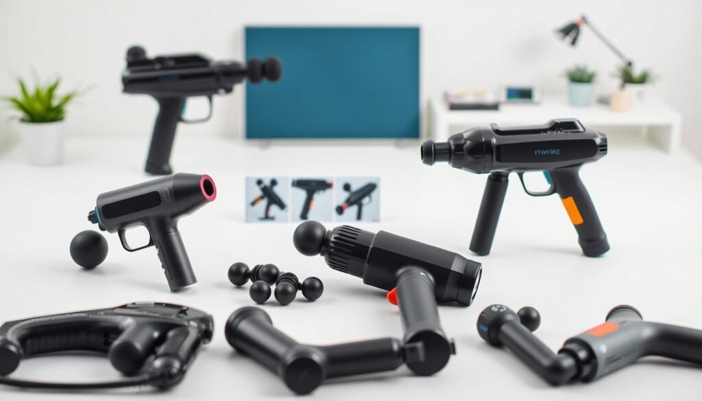 A neatly arranged array of the latest FSA-eligible muscle recovery devices, including top-of-the-line massage guns, vibration therapy tools, and percussion massagers. The foreground showcases the devices in a clean, well-lit studio setting, highlighting their sleek designs and high-tech features. The middle ground features detailed product shots, capturing the intricate mechanisms and ergonomic handles. The background subtly suggests a modern, minimalist workspace, hinting at the devices' integration into a health-conscious lifestyle. The overall atmosphere conveys a sense of professionalism, innovation, and the promise of effective muscle recovery and pain relief.