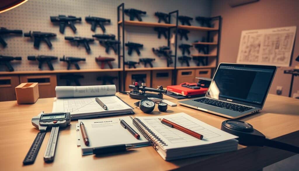 A neatly organized workstation, bathed in warm, diffused lighting. On the surface, an array of tools and instruments - a digital caliper, a force gauge, and a stopwatch. Beside them, a stack of meticulous notes and a laptop displaying schematics. In the background, a wall of shelves showcases a variety of massage gun models, each waiting to be meticulously tested and compared. The scene conveys a sense of focused professionalism, where every detail is carefully considered and documented, creating a robust and reliable testing methodology.