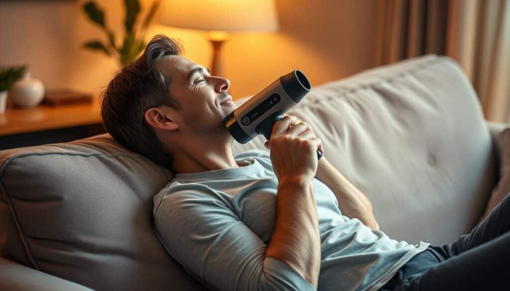 A person comfortably reclining on a plush sofa, using a handheld massage gun on their upper back and shoulders. Warm, soft lighting illuminates the scene, creating a relaxing atmosphere. The massage gun's ergonomic design is visible, showcasing its powerful yet soothing functionality. The person's expression conveys a sense of relief and tranquility as they experience the therapeutic effects of the massage. The background is blurred, gently directing the viewer's focus to the central massage experience.