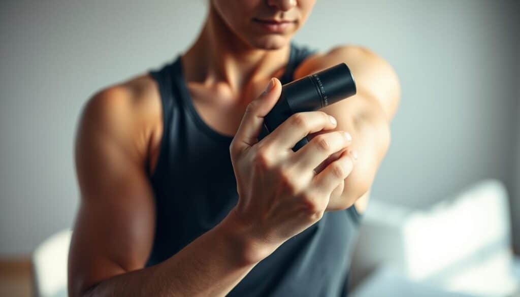 A person in athletic wear carefully massaging the muscles of their arm, preparing for percussion therapy. The scene is captured in a close-up, well-lit shot with a shallow depth of field, emphasizing the intricate details of the massage technique. The subject's face is out of frame, keeping the focus on the arm and hand movements. The background is blurred, creating a calming, spa-like atmosphere. Soft, diffused lighting from the side casts gentle shadows, accentuating the contours of the muscles. The overall mood is one of intentional, therapeutic preparation, setting the stage for the effective use of a massage gun.