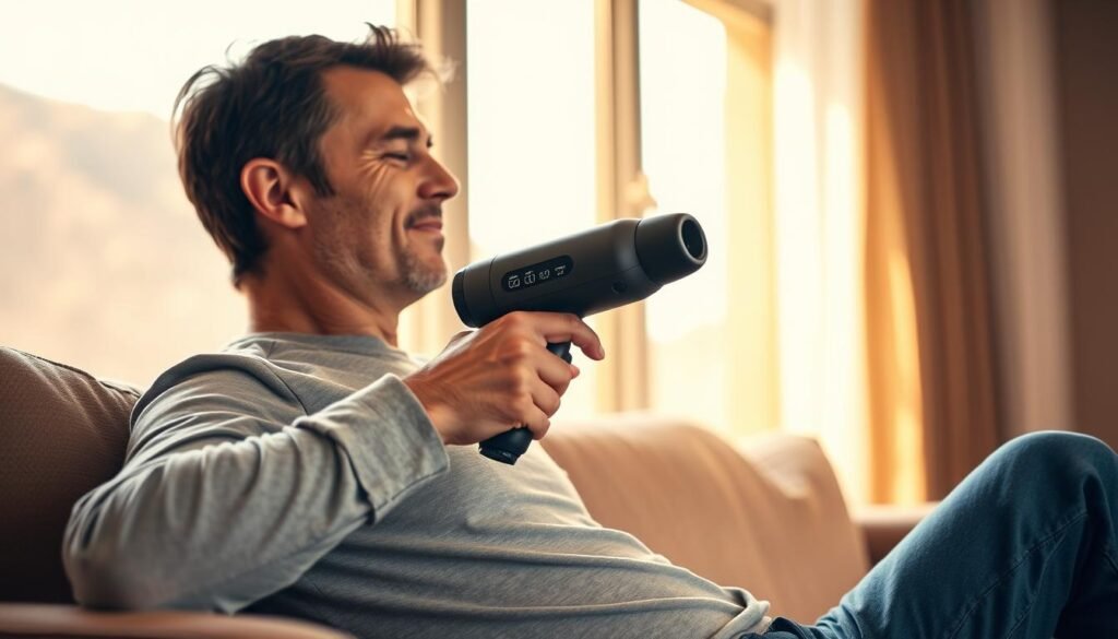 A person seated on a couch, using a handheld massage gun device on their lower back. The scene is captured in warm, natural lighting from a large window, casting a soft glow across the room. The device is held at a slight angle, revealing its sleek, modern design with various speed and intensity settings. The individual's expression conveys a sense of relief and relaxation as they work the device along their muscles. The background is blurred, drawing the viewer's focus to the central subject and their personal experience with the therapeutic tool.