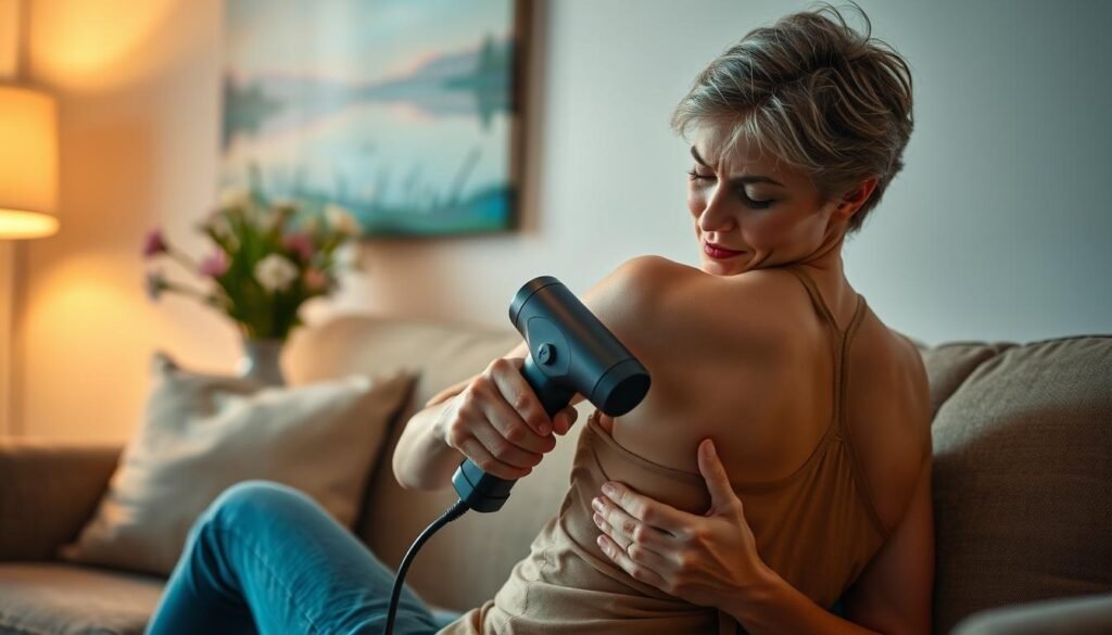 A person sitting on a couch, intently focused on using a handheld massage gun on their lower back. The device is held at a slight angle, applying pressure to the tense muscles. The room is bathed in soft, warm lighting, creating a soothing, therapeutic atmosphere. In the background, a vase of fresh flowers and a tranquil landscape painting add to the sense of relaxation. The individual's expression conveys a feeling of relief and comfort as the massage gun's vibrations ease their discomfort. The image captures the essence of using a massage tool for pain alleviation in a comfortable, home setting.