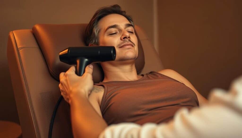 A person sitting on a massage chair, their face and body relaxed, as a Sharper Image massage gun is applied to their shoulder. The lighting is warm and diffused, creating a soothing ambiance. The background is blurred, keeping the focus on the personal massage experience. The angle is slightly elevated, giving a sense of intimacy and personal involvement. The overall mood is one of tranquility and contentment, reflecting the effectiveness and comfort of the Sharper Image massage gun.