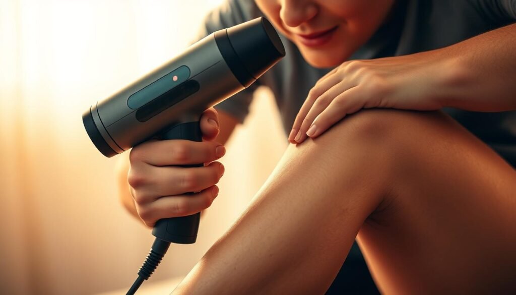 A person using a handheld massage gun, applying it to their knee in a focused, deliberate manner. The massage gun is held at a slight angle, gliding smoothly over the skin with precise, targeted movements. The background is blurred, placing emphasis on the technique and form. Warm, diffused lighting illuminates the scene, creating a soothing, therapeutic atmosphere. The model's expression conveys a sense of relief and relaxation as the massage gun's vibrations ease muscle tension and discomfort in the knee.