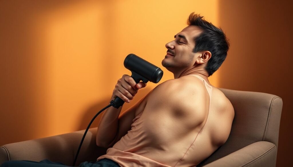 A person using a massage gun on their sore muscle, seated in a comfortable armchair against a warm-toned, minimalist background. The device is held firmly against the upper back, with a focused, relaxed expression on the user's face. Soft, directional lighting from the side creates subtle shadows, emphasizing the contours of the body and the massage gun's form. The scene conveys a sense of relief, relaxation, and an immersive user experience with the recovery device.