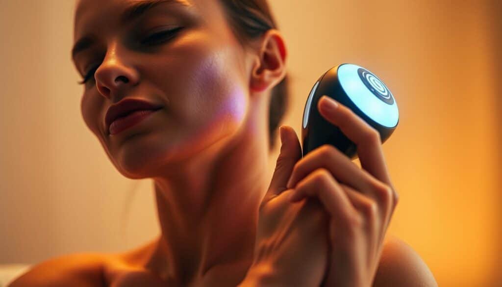 A person using an ergonomic massage device, their hand firmly gripping the device's sleek, contoured handle. The device's head gently presses into the user's shoulder, emitting a soft glow as it pulses with soothing vibrations. The lighting is warm and diffused, creating a relaxed, spa-like atmosphere. The user's expression is one of tranquility, their eyes closed as they immerse themselves in the therapeutic experience. The background is blurred, minimizing distractions and drawing the viewer's focus to the user's interaction with the ergonomic massage device.