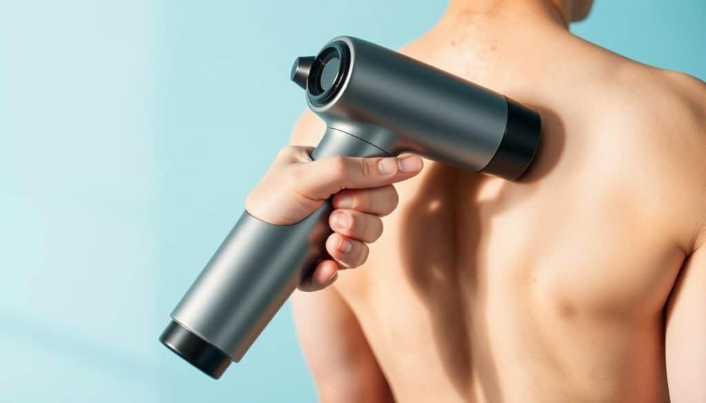 A person's hand holding a modern percussion massage gun, its sleek gray-and-black body contrasted against a soothing light blue background. The device's vibrating head is gently pressed against the person's lower back, conveying a sense of targeted pain relief. Soft, directional lighting from the side accentuates the muscular details and creates subtle shadows, lending a therapeutic atmosphere. The composition is balanced, with the hand and massage gun occupying the foreground, the body in the middle ground, and the calming background providing visual breathing room. The overall mood is one of relaxation, healing, and the effective use of percussive therapy to alleviate discomfort.