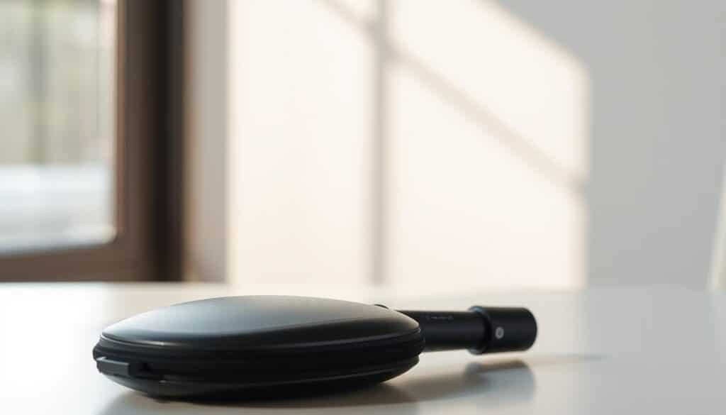 A portable muscle recovery device rests on a clean, well-lit surface, its sleek black casing gleaming under soft, natural lighting. The device's contoured shape and minimalist design suggest a blend of functionality and modern aesthetic. A matching carrying case, crafted from durable, high-quality materials, sits nearby, ready to house the device for convenient transport. The scene exudes a sense of professionalism and attention to detail, hinting at the device's potential to deliver a premium massage experience.