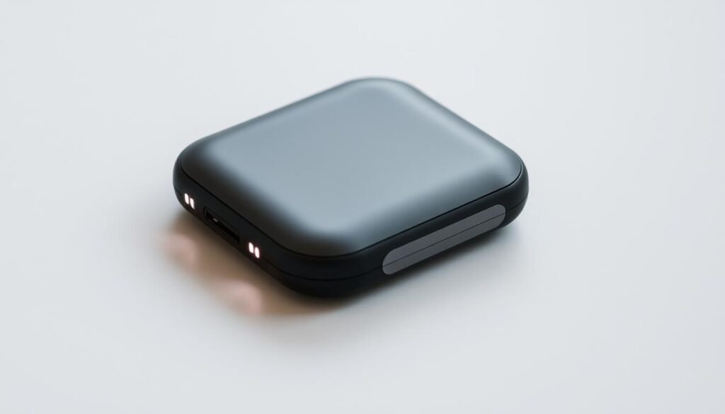 A portable, sleek muscle tension relief device resting on a neutral-toned surface. The device features a smooth, ergonomic design with a matte black finish, accented by metallic silver trim. Soft LED lights along the sides gently illuminate the device, creating a soothing, minimalist aesthetic. The device is captured from a slightly elevated angle, showcasing its compact and portable nature, ready to provide targeted muscle relief at home or on the go. Subtle shadows and highlights add depth and dimension, emphasizing the device's tactile, high-quality construction. The overall scene conveys a sense of relaxation and therapeutic functionality.