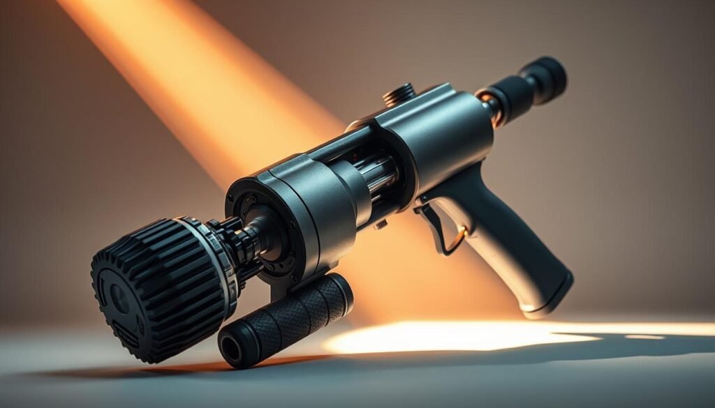 A powerful, high-torque deep tissue massage gun, sleekly designed with a metallic body and rubberized grips. Visible internal mechanisms with gears and pistons, bathed in a warm, focused beam of light that casts dramatic shadows. The device is positioned at a dynamic, oblique angle, hinting at its forceful, penetrating application. The background is a minimalist, monochromatic studio setting, creating a clinical, technical atmosphere befitting the specialized medical tool.