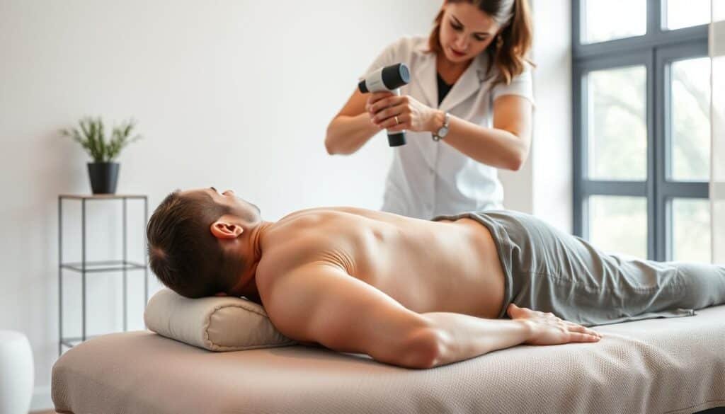 A professional massage therapist demonstrating percussion therapy on a client's back in a modern, well-lit studio. The therapist is using a state-of-the-art massage gun, applying targeted pressure and vibrations to relieve muscle tension and soreness. The client is lying face-down on a padded massage table, their expression conveying a sense of relaxation and relief. The scene is captured from a slightly elevated angle, highlighting the therapist's skilled technique and the client's positive response to the treatment.