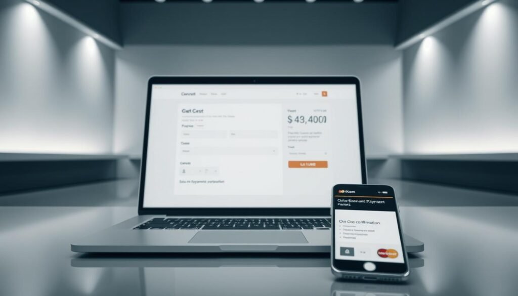 A secure online purchase process unfolds against a minimalist backdrop. In the foreground, a laptop displays a sleek, user-friendly checkout interface, its clean lines and muted tones evoking a sense of trust and professionalism. The middle ground features a credit card, its edges crisp, and a mobile device, their screens showcasing secure payment options and order confirmation. In the background, subtle geometric patterns and soft lighting create a calming, sophisticated atmosphere, conveying the reliability and attention to detail of the purchasing experience. Captured with a wide-angle lens and balanced lighting, the scene exudes an air of streamlined efficiency and digital safety.