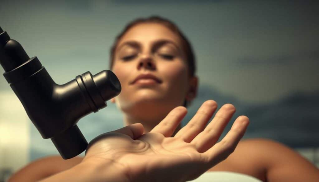 A serene, dimly lit scene showcasing the benefits of percussion therapy. In the foreground, a hand massage gun gently kneads into a relaxed palm, the pressure and vibrations visibly easing muscle tension. In the middle ground, a person's face exudes a tranquil expression, eyes closed in blissful repose. The background features a soothing, abstract landscape with soft, diffused lighting, creating a calming, spa-like atmosphere. The overall composition emphasizes the therapeutic and rejuvenating effects of this percussive massage technique.