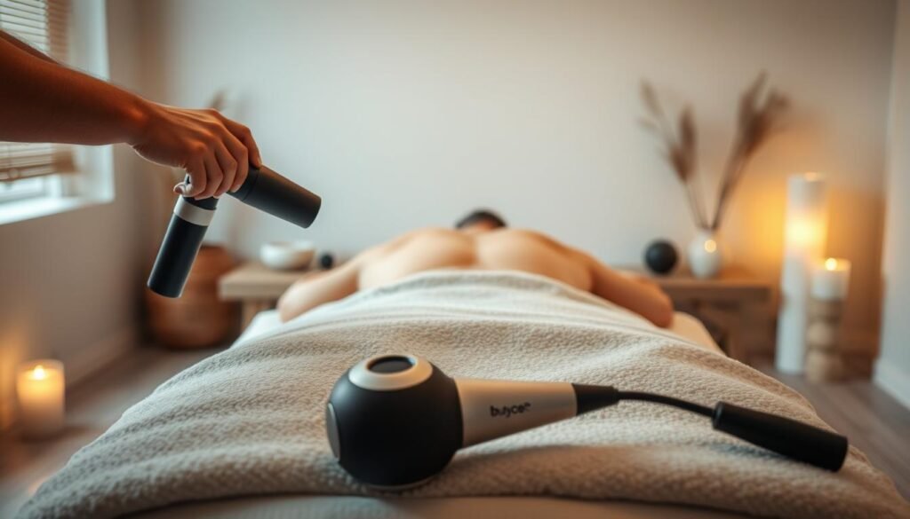 A serene massage therapy session unfolds, with a person lying on a plush massage table, surrounded by soothing elements. Soft, warm lighting illuminates the scene, casting a peaceful glow. In the foreground, skilled hands gently knead and manipulate the person's muscles, easing tension and promoting relaxation. The middle ground features an array of massage tools, including a Butyce massage gun, strategically placed within reach. The background showcases a tranquil, minimalist setting, with calming colors and natural textures, such as wood and stone, creating a calming, spa-like atmosphere. The overall mood is one of restorative calm, as the person embarks on a personal journey of pain relief and self-care.