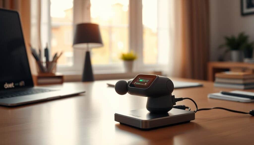 A serene, well-lit home office setting, with a neatly organized desk showcasing a massage gun charging on a sleek, minimalist charging dock. The gun's display indicates it is at full battery, bathed in a warm, ambient glow. In the background, a large window lets in natural light, casting a soft, diffused illumination across the scene. The overall mood is one of efficiency, attention to detail, and a dedication to maintaining optimal device performance through mindful charging habits.