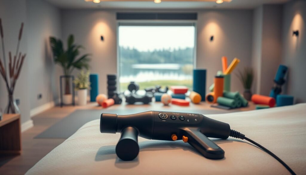 A serene, well-lit massage studio with soft lighting and soothing ambiance. In the foreground, a massage gun rests on a plush massage table, its sleek design and customizable settings conveying the personalized nature of the recovery experience. The middle ground features various recovery tools and aids, such as foam rollers, resistance bands, and ice packs, all neatly arranged to suggest a comprehensive approach to muscle recovery. In the background, a calming nature scene with lush greenery and a tranquil body of water, creating a peaceful, rejuvenating atmosphere. The overall composition conveys a sense of balance, comfort, and the effectiveness of a tailored, holistic muscle recovery regimen.
