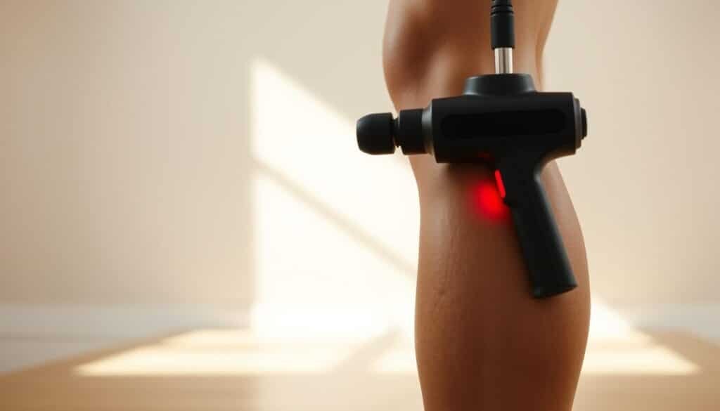 A serene, well-lit scene showcasing the benefits of percussive therapy for knee health. In the foreground, a close-up view of a person's lower leg and knee area, with a massage gun gently pulsating against the skin, promoting muscle relaxation and improved circulation. The middle ground features a clean, minimalist background, allowing the focus to remain on the therapy process. Soft, natural lighting casts a warm, calming glow, emphasizing the therapeutic and restorative nature of the treatment. The overall mood is one of tranquility and rejuvenation, capturing the essence of how percussive therapy can enhance knee function and alleviate discomfort.
