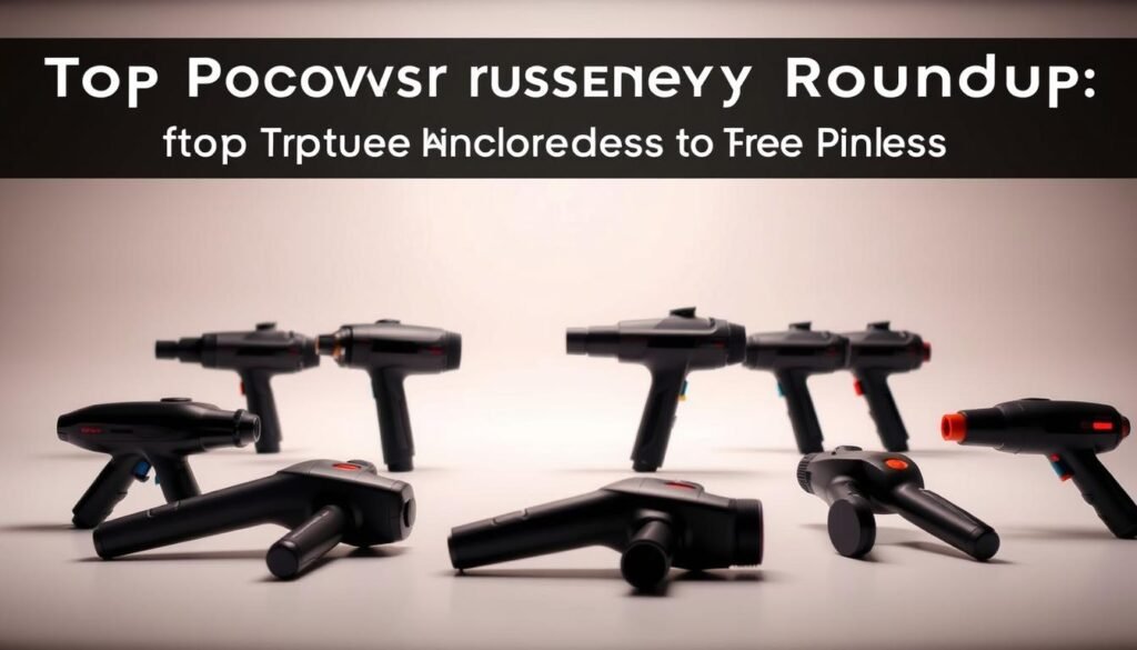 A sleek and modern arrangement of the top recovery massage gun models, captured in a well-lit studio setting. The foreground showcases the massage guns in a clean, minimalist display, with their distinct designs and features highlighted. The middle ground features a subtle backdrop, perhaps a textured surface or a simple color gradient, to draw the viewer's attention to the products. The lighting is soft and even, creating a professional and high-quality impression. The overall atmosphere conveys a sense of expertise, quality, and attention to detail, reflecting the "Detailed Product Roundup: Top Models Explored" section of the article.