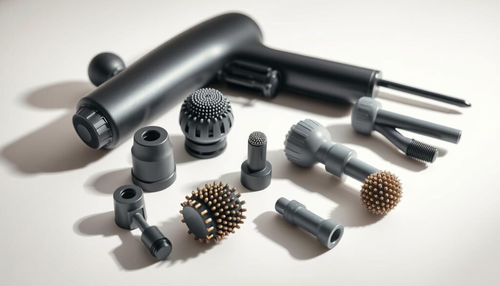 A sleek and modern close-up composition showcasing an assortment of massage gun attachments. The attachments are arranged neatly on a minimalist, light-colored surface, casting soft shadows. The attachments are depicted with precise, high-resolution detail, highlighting their varied shapes, textures, and materials - from smooth plastic to rugged rubber. The lighting is soft and diffused, creating a clean, professional atmosphere suitable for an informative article on self-massage techniques. The camera angle is slightly angled to provide an engaging, three-dimensional perspective on the tools. An overall sense of order, utility, and wellness pervades the scene.