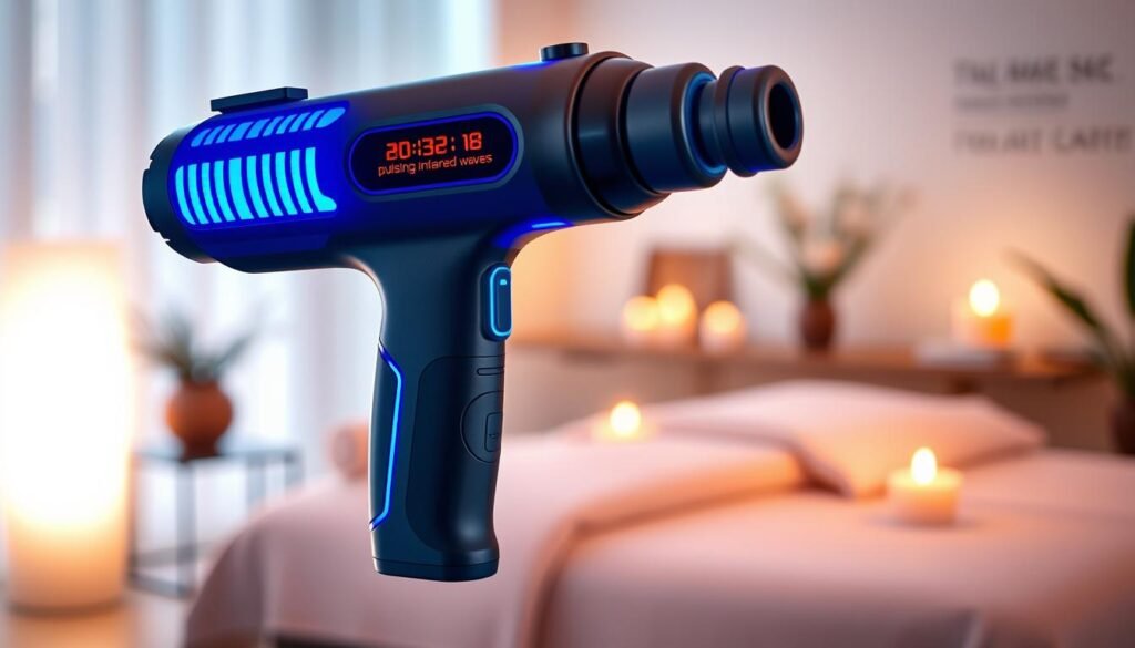 A sleek and modern massage gun hovers in the foreground, its vibrant blue accents reflecting the soft, ambient lighting. The device's display showcases advanced therapy features, including a glowing red heat function and pulsing infrared waves. In the middle ground, a soothing, therapeutic environment emerges, with a plush massage table and calming aromatherapy candles. The background is blurred, but hints at a tranquil, spa-like setting, evoking a sense of relaxation and rejuvenation. The overall scene conveys the cutting-edge technology and restorative power of this advanced massage therapy tool.