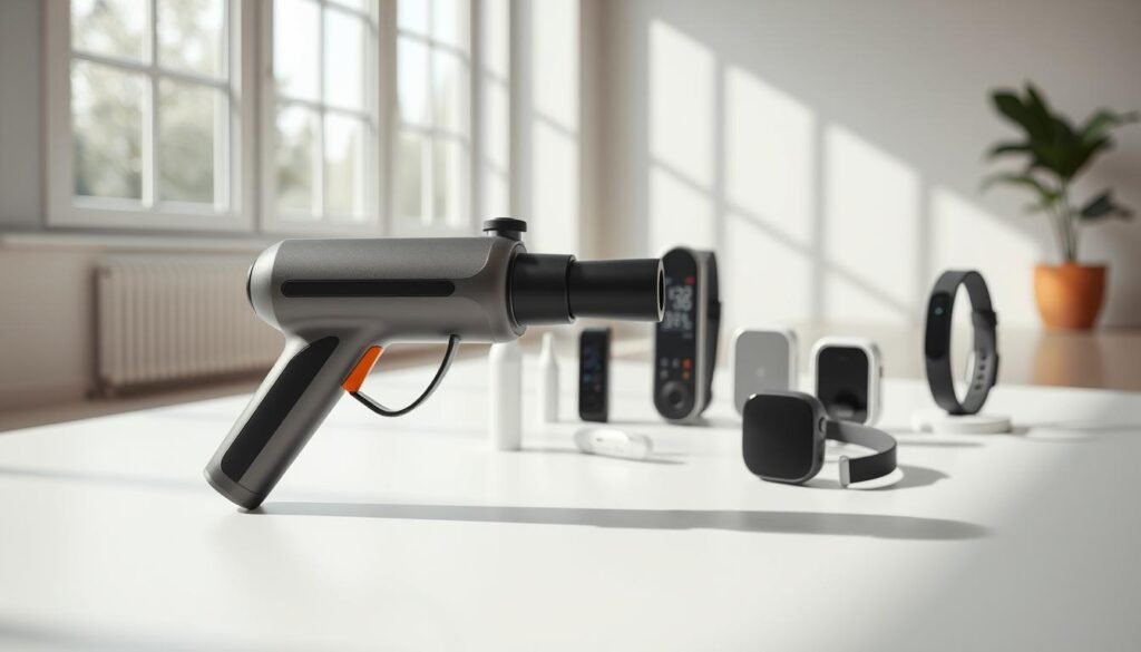 A sleek arrangement of wellness devices in a bright, airy room. In the foreground, a high-quality massage gun with a modern, ergonomic design sits atop a clean, minimalist surface. Behind it, a selection of FSA-eligible items like a digital thermometer, a blood pressure monitor, and a smart fitness tracker are neatly displayed, their minimalist forms and neutral tones creating a sense of balance and sophistication. Soft, natural lighting from large windows illuminates the scene, casting gentle shadows and highlighting the premium materials and finishes of the products. The overall composition conveys a sense of wellness, practicality, and financial savvy.
