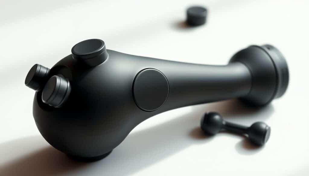 A sleek, ergonomic massage device with a sophisticated, minimalist design. The device is composed of smooth, matte black materials, creating a visually appealing and tactile user experience. The contoured shape fits comfortably in the hand, allowing for easy grip and maneuverability. The device features a circular head with multiple massage attachments, each designed for targeted muscle relief. Soft, indirect lighting illuminates the device, highlighting its clean lines and attention to detail. The overall aesthetic conveys a sense of quality, functionality, and portability, making it an ideal companion for on-the-go self-care.