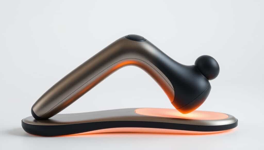 A sleek, ergonomically-designed massage tool with a contoured, molded grip for comfortable, controlled handling. The tool's brushed metal body, accented with matte black details, emits a sophisticated, high-quality aesthetic. Soft, rubberized touch points on the handle and applicator head provide a secure, non-slip grip. Diffused, warm lighting emanates from the base, creating a soothing, therapeutic ambiance. The tool is positioned at a slight angle, showcasing its ergonomic form and intuitive, user-friendly design. Captured in a clean, minimalist studio setting with soft, directional lighting from the side, highlighting the tool's tactile, premium materials and attention to detail.