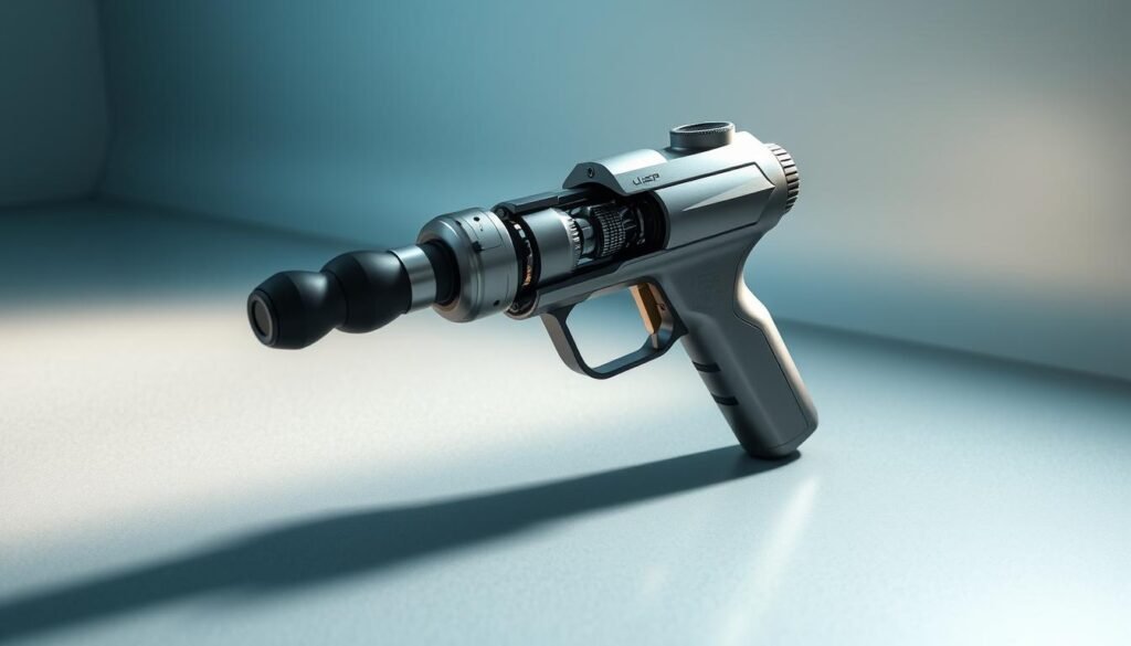 A sleek, futuristic massage gun rests on a minimalist, steel-gray surface, its intricate components and specifications displayed in a clean, technical layout. The device is bathed in a soft, directional light that accentuates its brushed-metal finish and precise engineering details. In the background, a subtle gradient fades from a cool, industrial blue to a warmer, off-white tone, creating a sense of depth and professionalism. The overall composition exudes a balanced, high-performance aesthetic that aligns with the section's focus on the massage gun's key features and capabilities.