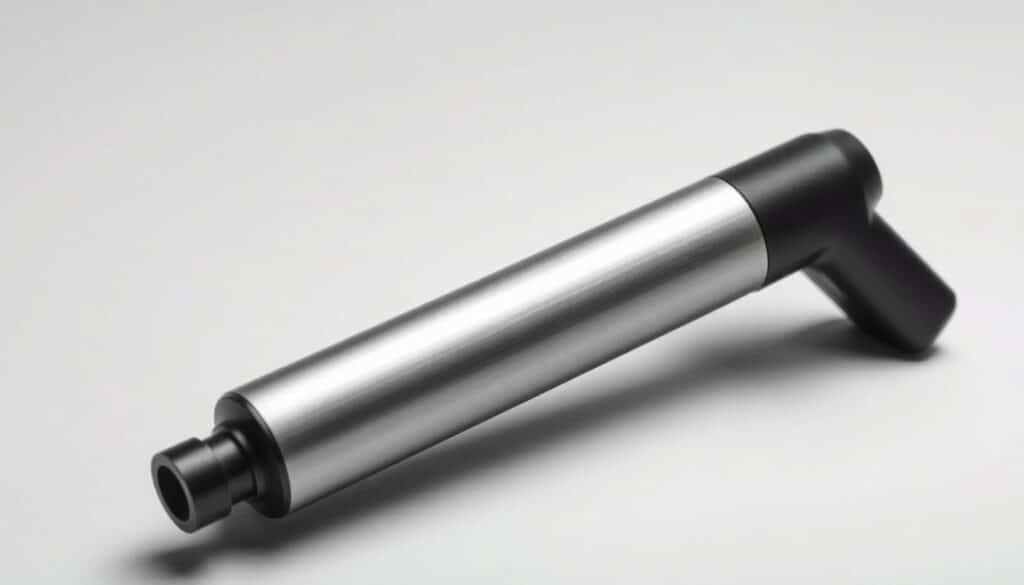 A sleek, high-performance massage gun with a modern, minimalist design. The Ekrin B37 features a brushed aluminum body with a sturdy, ergonomic grip. Captured in a well-lit, studio-style setting with a soft, even lighting to showcase its sophisticated aesthetics. The massage gun is positioned prominently in the frame, with a clean, uncluttered background to draw the viewer's attention to its key details. Subtle shadows and reflections add depth and dimension, highlighting the premium quality and attention to detail in the B37's construction. The overall mood is professional, polished, and designed to present the Ekrin B37 as a sophisticated, top-of-the-line recovery tool for active individuals.