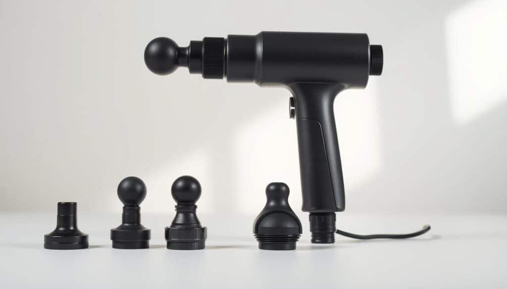 A sleek, high-quality massage gun with a range of specialized attachments is showcased in a clean, well-lit studio setting. In the foreground, the massage gun and its four attachments are displayed prominently, each one clearly visible and showcasing its unique shape and functionality. The middle ground features a minimalist backdrop, allowing the massage gun and its components to take center stage. Soft, directional lighting from the side creates subtle shadows and highlights, emphasizing the textures and details of the equipment. The overall mood is one of professionalism and attention to the product's features, inviting the viewer to explore the versatility and capabilities of this deep tissue massage tool.
