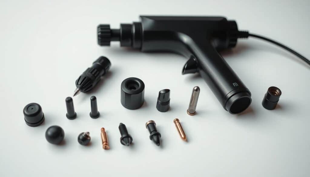 A sleek, high-quality massage gun with an array of customizable attachments laid out on a clean, minimalist surface. The attachments are depicted in sharp focus, showcasing their diverse shapes, textures, and intended uses, such as ball, fork, and bullet tips. Soft, diffused lighting creates a professional, clinical atmosphere, emphasizing the technical and functional nature of the equipment. The overall composition is balanced and visually appealing, allowing the viewer to clearly examine the various attachments and understand their purpose in relation to the massage gun.