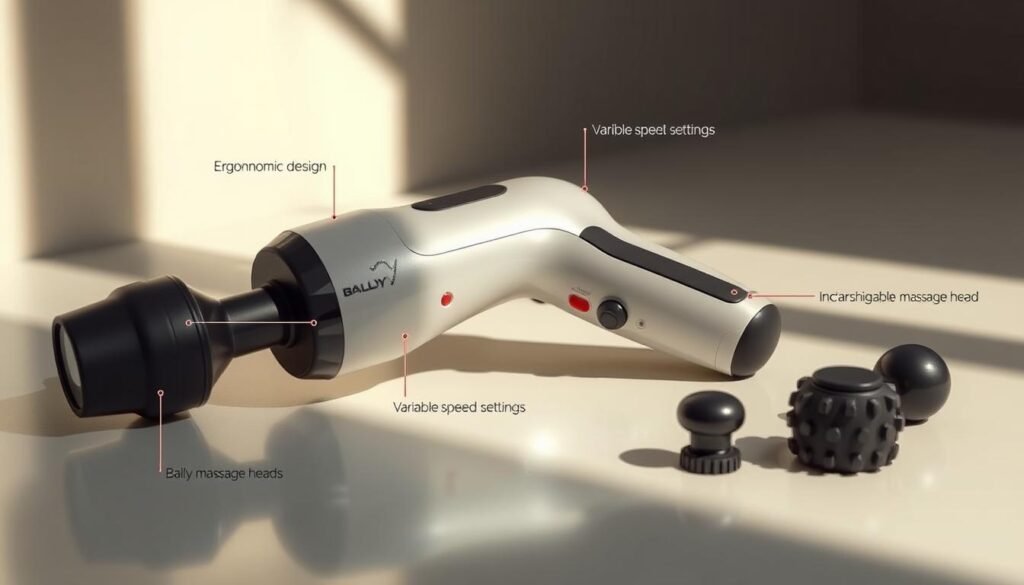 A sleek, high-quality percussion massager rests on a clean, minimalist surface, illuminated by soft, natural lighting. The device's features are showcased in a detailed, technical illustration, highlighting its ergonomic design, variable speed settings, and interchangeable massage heads. The image conveys a sense of precision and functionality, perfectly suited to illustrate the product specifications in the "Bally Total Fitness Massage Gun" article.