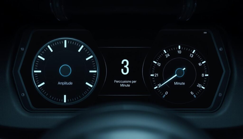 A sleek, high-tech dashboard display showcasing the key performance metrics of a massage gun. The foreground features a prominent circular gauge with a needle-like indicator, displaying the "Amplitude" reading in crisp, numeric form. Beneath it, a second circular gauge illustrates the "Percussions per Minute" metric, its needle dynamically fluctuating to convey the device's rhythmic intensity. The middle ground contains minimalist, angular UI elements and subdued lighting, creating a sense of precision and technical prowess. The background subtly fades into a dark, moody gradient, drawing the viewer's focus to the central metrics and elevating the image's sense of sophistication and professionalism.
