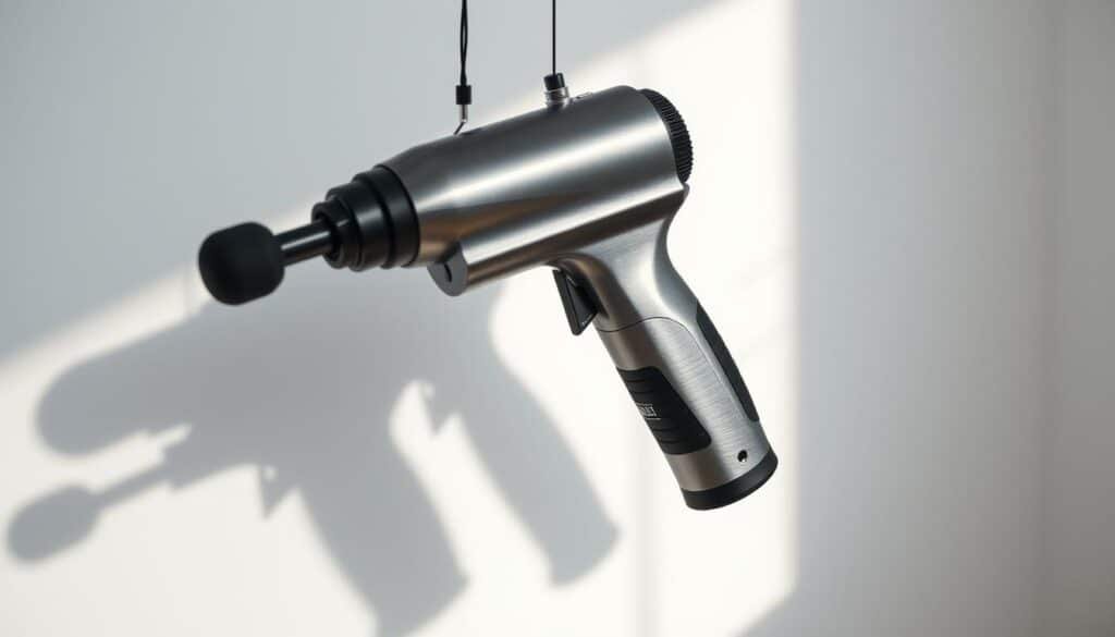 A sleek, high-tech massage gun with a brushed metal body and ergonomic handle, set against a clean, minimalist background. The device is suspended in a well-lit, studio-like environment, casting subtle shadows and highlights that accentuate its modern, percussive therapy technology. The overall composition emphasizes the gun's advanced features and innovative design, hinting at its ability to provide deep tissue relief and muscle recovery. The mood is clinical yet intriguing, inviting the viewer to imagine the device in action.
