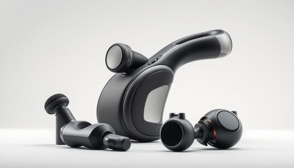 A sleek, high-tech recovery device, its features showcased against a clean, minimalist background. The device's ergonomic design and various attachments are highlighted, conveying its versatility and advanced functionality. Soft, diffused lighting illuminates the textured surfaces, emphasizing the premium materials and precise engineering. The composition emphasizes the device's key elements, such as the powerful motor, intuitive controls, and interchangeable massage heads, all captured from a dynamic, slightly elevated angle to convey a sense of authority and professionalism. The overall mood is one of modern, sophisticated wellness technology.