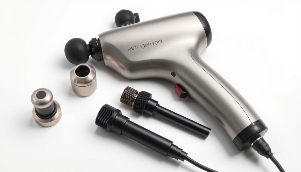 A sleek, minimalist arrangement of massage gun attachments on a clean, white background. The attachments, crafted from metallic and matte black materials, are displayed in a visually appealing layout, showcasing their diverse shapes and sizes. Soft, diffused lighting illuminates the scene, casting subtle shadows that accentuate the textures and contours of the attachments. The overall composition conveys a sense of professionalism and precision, reflecting the specialized nature of the chiropractic massage gun and its customizable treatment options.