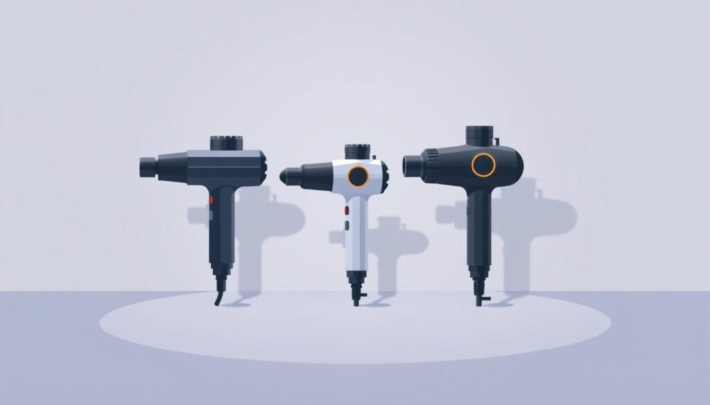A sleek, minimalist illustration comparing the noise levels of various massage devices. In the foreground, three massage guns - a high-end model, a mid-range option, and a budget version - arranged side by side. The background depicts a decibel scale, with a gradient from quiet to loud, providing a visual reference for the noise output of each device. Soft, muted lighting casts subtle shadows, emphasizing the three-dimensional forms. The overall aesthetic is clean, sophisticated, and informative, suitable for inclusion in a technical product review.