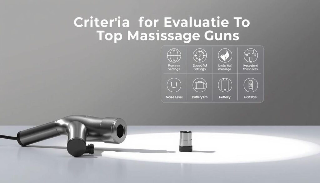 A sleek, minimalist illustration showcasing the key criteria for evaluating top-tier massage guns. In the foreground, a sophisticated, brushed metal massage gun rests on a clean, white surface, its ergonomic design and various attachments highlighted by soft, directional lighting. In the middle ground, a grid of icons representing crucial evaluation factors such as power, speed settings, noise level, battery life, and portability. The background is a muted, gradient-based pattern, providing visual interest without distracting from the main subject matter. The overall aesthetic is modern, elegant, and professional, perfectly suited to illustrate the "Criteria for Evaluating Top Massage Guns" section of the article.