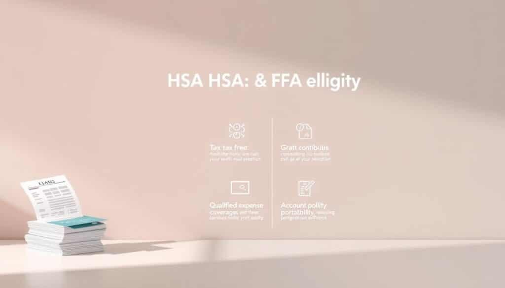 A sleek, minimalist image showcasing the key benefits of HSA and FSA eligibility. In the foreground, a stylized graphic depicts a stack of medical bills and a credit card, conveying the financial advantages of these healthcare accounts. The middle ground features a clean, elegant layout with icons and brief descriptions highlighting features like tax-free contributions, qualified expense coverage, and account portability. The background is a soft, muted gradient in soothing hues, creating a professional, informative, and visually appealing composition. Subtle lighting from the top left casts a gentle shadow, adding depth and dimensionality to the design.
