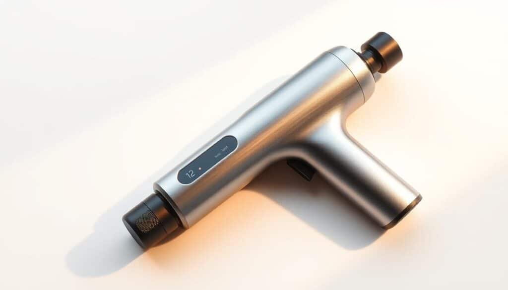 A sleek, minimalist massage gun resting on a clean, white background. The device's technical specifications are highlighted, showcasing its innovative design and advanced features. The brushed metal body gleams under crisp, directional lighting, casting subtle shadows that accentuate its contoured shape and ergonomic grip. Close-up angles reveal intricate details, such as the textured handle, digital display, and precisely engineered components. The image conveys a sense of precision, functionality, and premium quality, perfectly aligning with the "Detailed Specifications and Design" section of the article.