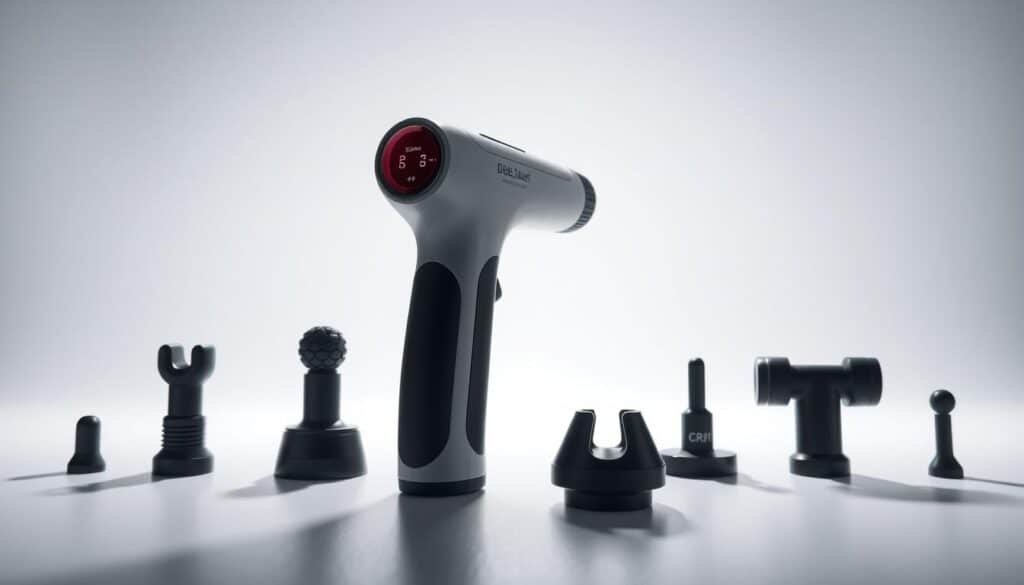 A sleek, minimalist muscle recovery device showcasing its key features in a well-lit, studio-style setting. In the foreground, the device's ergonomic handle, vibrant LED display, and various massage head attachments are prominently displayed, allowing the viewer to appreciate the product's design and functionality. The middle ground features a clean, white background, emphasizing the device's simplicity and focus on user experience. Subtle shadows and strategic lighting angles create depth and accentuate the device's contours, conveying a sense of premium quality. The overall mood is one of professionalism, innovation, and attention to detail, reflecting the high-end nature of the Bob and Brad C2 Massage Gun.