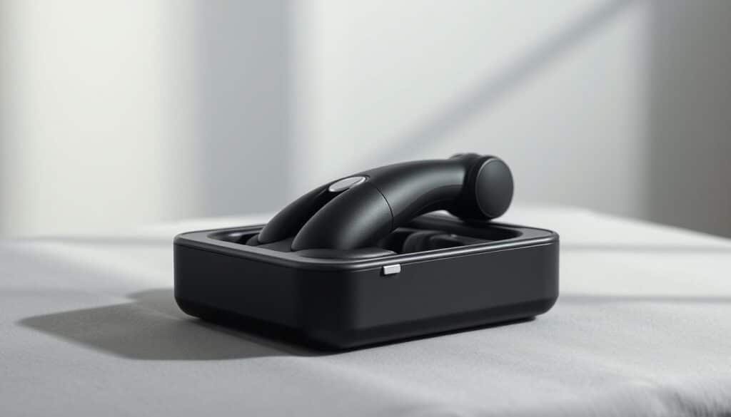 A sleek, minimalist portable massager case rests on a neutral-toned surface, bathed in soft, diffused lighting. The case is crafted from premium materials, its matte black exterior accentuated by subtle silver accents. The design is streamlined and compact, hinting at the powerful massage device within. The case's clean lines and angular form create a sense of modern, industrial elegance. The overall mood is one of understated sophistication, inviting the viewer to imagine the soothing relief and effective muscle recovery the massager inside can provide.