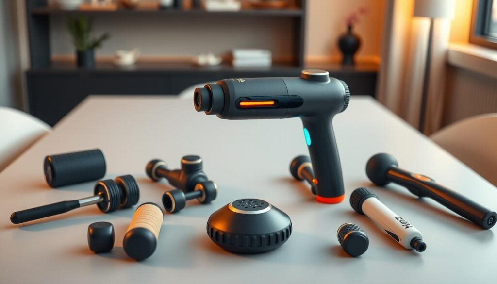 A sleek, minimalist tabletop showcasing an array of modern massage devices. In the foreground, a state-of-the-art hot and cold massage gun takes center stage, its ergonomic design and vibrant accents drawing the eye. Surrounding it, a selection of traditional massage tools, such as kneading rollers and handheld massagers, create a visually compelling comparison. Subtle backlighting casts a warm glow, highlighting the textures and materials of each device. The middle ground features a clean, uncluttered backdrop, allowing the products to shine. In the background, a softly blurred environment suggests a professional, wellness-focused setting, reinforcing the therapeutic nature of the scene.