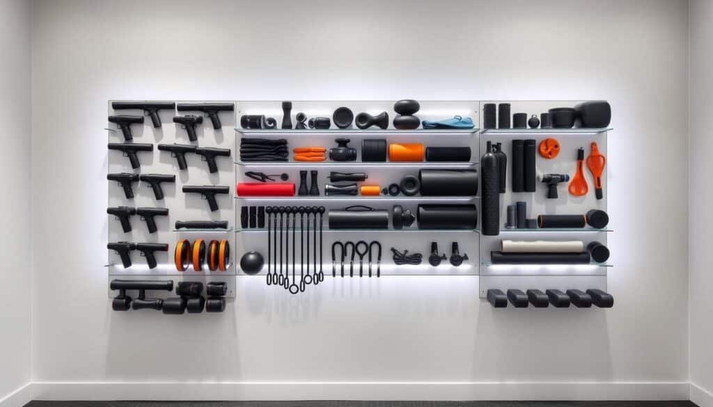A sleek, minimalist wall-mounted storage unit showcasing a variety of recovery tools. The foreground features an array of massage guns, foam rollers, and muscle recovery accessories neatly arranged in a visually striking layout. The middle ground displays the storage unit's innovative design, with clean lines, subtle LED lighting, and a modular, customizable structure. The background presents a neutral, serene environment, such as a modern home gym or wellness space, allowing the storage unit to be the focal point. The lighting is soft and diffused, creating a calming atmosphere that highlights the versatility and functionality of the recovery tool storage solution.