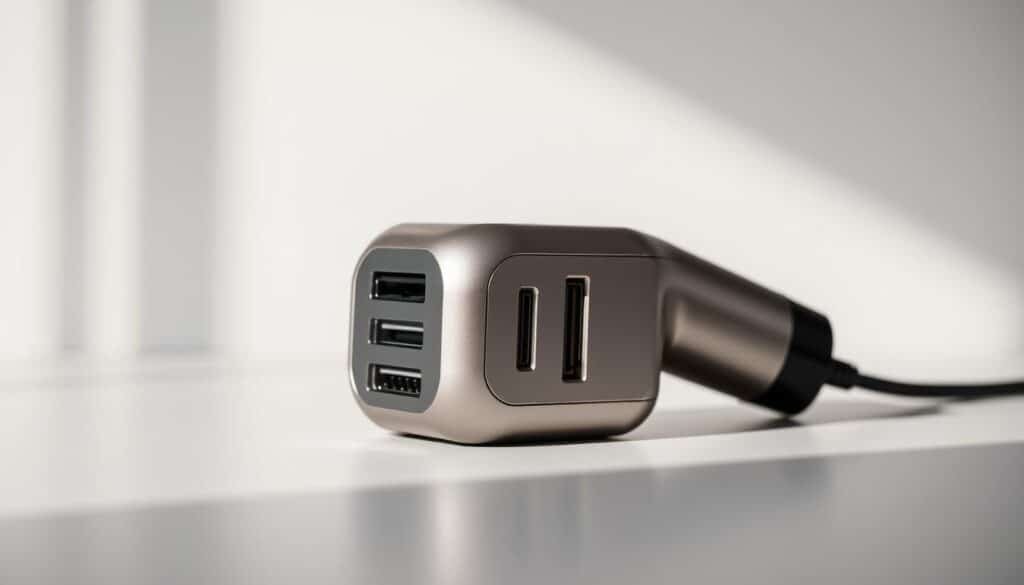 A sleek, modern, and detailed close-up view of the ToloCo em26 massage gun charger. The charger is displayed on a clean, minimalist surface, with a neutral background that allows the product to take center stage. The image captures the charger's metallic finish, compact design, and the various ports and connectors that make up its technical specifications. Subtle lighting from the side accentuates the charger's form and highlights its key features, creating a sense of depth and dimension. The overall mood is one of professionalism, attention to detail, and a focus on the practical and functional aspects of the product.