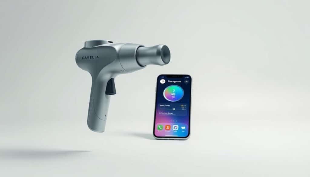 A sleek, modern, and well-lit image showcasing innovative app-connected recovery devices. In the foreground, a high-tech massage gun with a minimalist design hovers, its elegant curves and metallic accents reflecting the soft lighting. In the middle ground, a smartphone displaying a vibrant, user-friendly app interface, allowing seamless control and customization of the recovery device's settings. The background features a clean, white backdrop, creating a sense of focus and highlighting the sophisticated technology. The overall mood is one of sophistication, efficiency, and the integration of digital wellness with physical recovery.