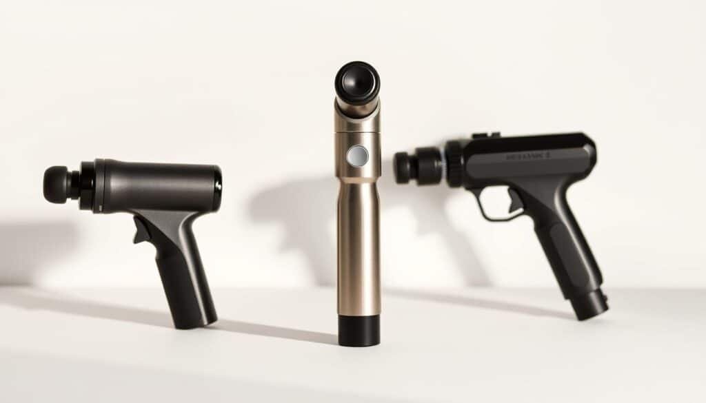 A sleek, modern arrangement of three compact massage guns, arranged in a row against a clean, minimalist background. The guns are positioned at an angle, casting soft shadows that add depth and dimension. The foreground features the Theragun Mini, its compact, ergonomic design highlighted by careful lighting. The middle ground showcases the Bob & Brad Q2 Mini, its metallic finish gleaming. In the background, the latest model from the brand's lineup stands out, showcasing the latest advancements in portable massage technology. The overall scene conveys a sense of sophistication and considered comparison, inviting the viewer to closely examine the distinctive features of each compact massage tool.