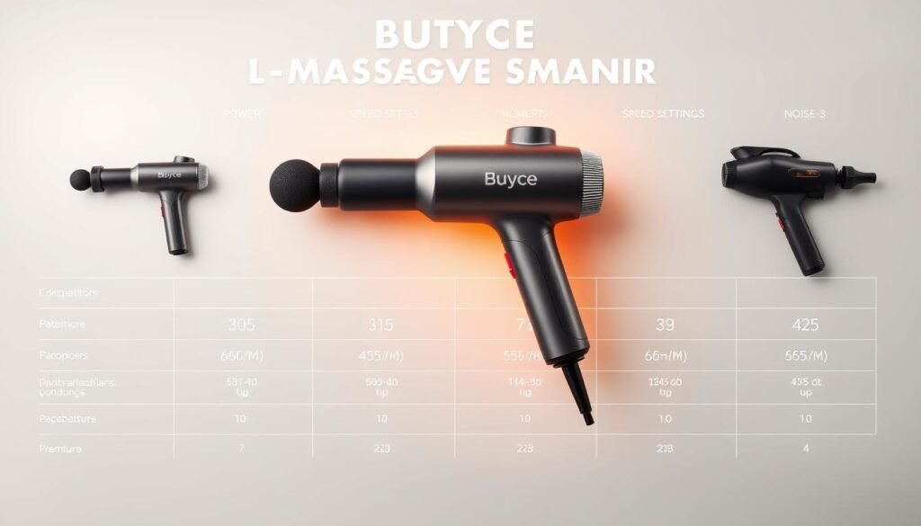 A sleek, modern comparison chart showcasing the Butyce massage gun alongside its top competitors. The chart is presented on a clean, minimalist background, with a soft, warm lighting that highlights the contours and details of the massage guns. The Butyce gun takes center stage, its ergonomic design and premium finish evident. Surrounding it are the competitor models, each presented with key specifications like power, speed settings, and noise levels, allowing for an objective side-by-side evaluation. The overall tone is professional and informative, inviting the viewer to assess the features and make an informed decision.