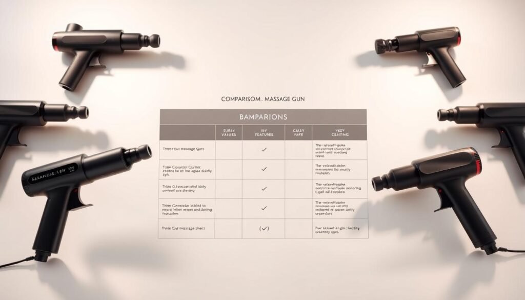 A sleek, modern comparison chart showcasing various massage guns, arranged on a minimalist, light-colored background. The guns are displayed in the foreground, each highlighted with precise lighting, casting subtle shadows to emphasize their form and texture. The middle ground features a clean, grid-like layout, allowing for easy comparison of the guns' key features and specifications. The background is softly blurred, maintaining focus on the central display. The overall mood is professional, informative, and visually appealing, suitable for inclusion in a well-researched article on muscle relief.